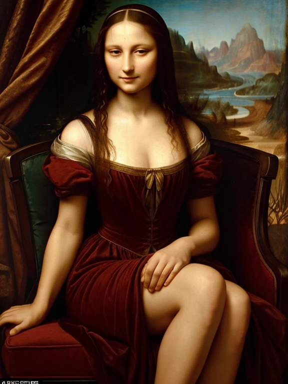 A captivating reimagining of Leonardo da Vinci's iconic Mona Lisa, but with a seductive twist. Instead of her enigmatic half-smile and demure gaze, she adopts a more alluring posture. She leans slightly to one side, resting an elbow on the armrest of a plush velvet chair, her hand delicately supporting her cheek. Her other hand is gracefully extended along the chair's back, fingers lightly touching a bouquet of crimson roses that mirror the warm tones of the rich drapery behind her. The famed portrait's background has been replaced with a dimly lit boudoir, adorned with luxurious fabrics and candlelit sconces, which cast a soft, sensual glow across her skin. Mona Lisa's eyes, though still enigmatic, hold a hint of mischief and invitation. Her hair is uncovered, cascading in soft waves over her bare shoulders, and her neckline is lowered to reveal a hint of creamy cleavage. The iconic smile remains, but it is now fuller and more knowing, as if sharing a secret. The original's folded hands are replaced by a playful gesture that suggests an openness and willingness to engage. This seductive pose is executed with a masterful blend of Renaissance elegance and modern allure, creating a mesmerizing fusion of art and desire that leaves the viewer intrigued and captivated by her transformed persona.