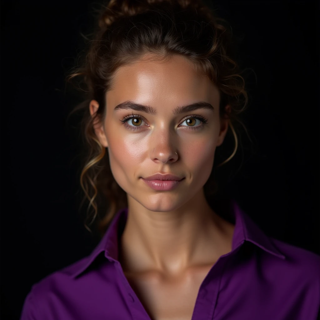 close-up of a woman, European appearance,curly hair pulled back on top, portrait shot, studio lighting, studio shooting of an advertising plan, девушка looks straight на зрителя, She is wearing a purple shirt, Black background, the backlighting background reflects the girl away from the background, realistic skin texture, looks straight