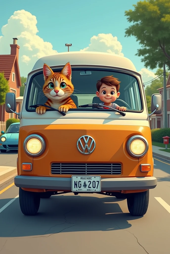 A cat teenager driving a little ??? to school in his Van with a Wisconsin plate