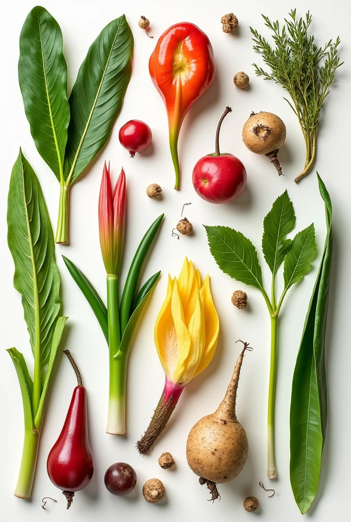 Make a collage with photos of edible stems, fruits and variants of fruits, consumable sheets, inflorecencias, knobs and tubers