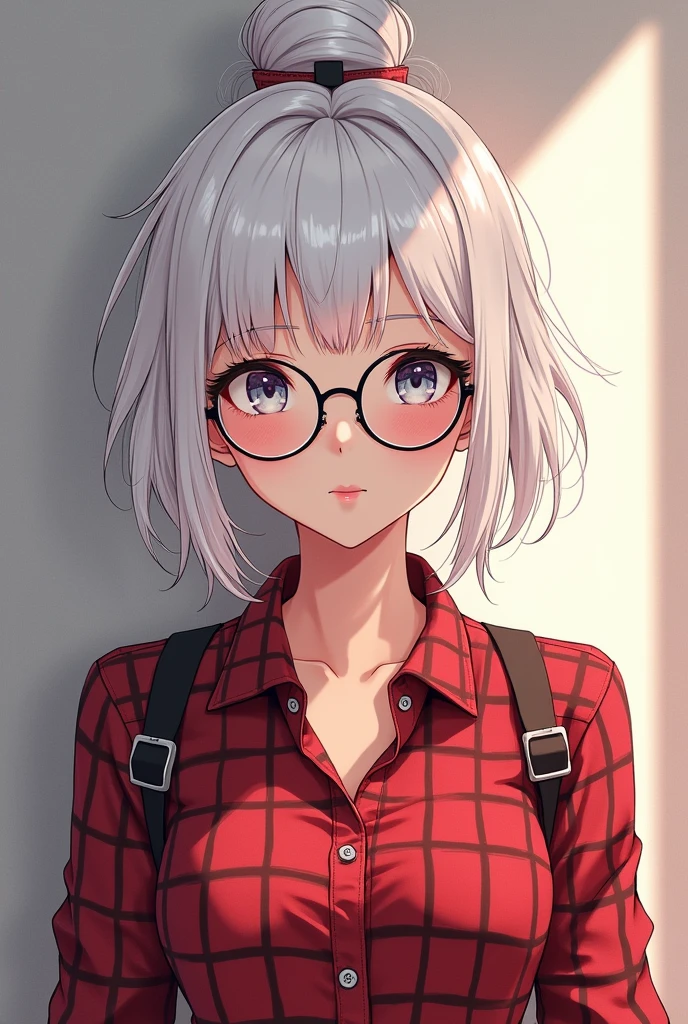 young anime girl, modern, that he wears discreet round glasses, white hair updo, with a red plaid shirt, (bottomless)