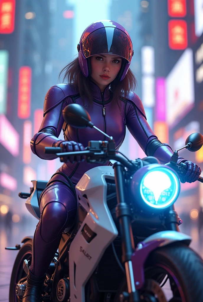 Highest image quality, Excellent details, Ultra-high resolution, (Honesty: 1.4), Best example, Favor the details, Highly concentrated 1girl, Beautiful face, Wearing purple and silver mecha, Wearing a mecha helmet, Hold the directional controller, Riding a motorcycle, The background is a high-tech lighting scene of a future city.Motion Blur