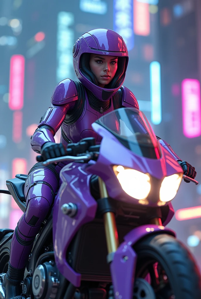 Highest image quality, Excellent details, Ultra-high resolution, (Honesty: 1.4), Best example, Favor the details, Highly concentrated 1girl, Beautiful face, Wearing purple and silver mecha, Wearing a mecha helmet, Hold the directional controller, Riding a motorcycle, The background is a high-tech lighting scene of a future city.Motion Blur