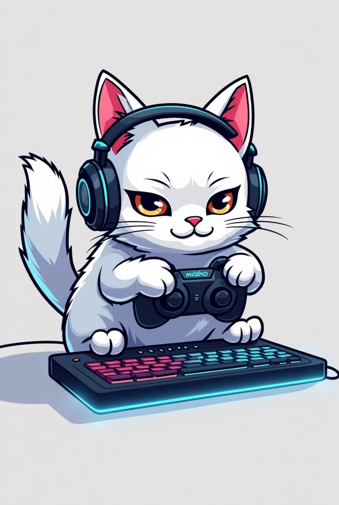 Can you create me a logo of a white GEIMER cat that has headphones AND IS PLAYING and below that has the words "MISHO TK"