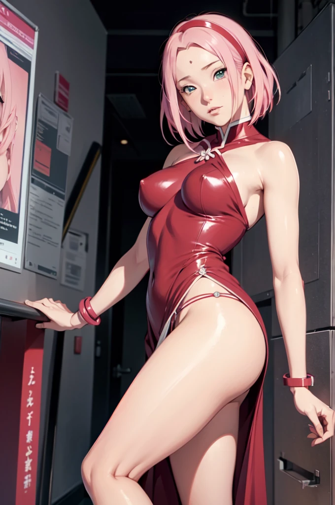 sakura haruno, exposed leg dress, maturebody, beautiful face, sultry posing, big buttocks, illustration, high resolution, ultra details, realisitic, swirly vibrant colors, soft lighting, perfectbody, maturebody, delicious, hot, wind lifting the dress, Legs exposed, hand in panties
