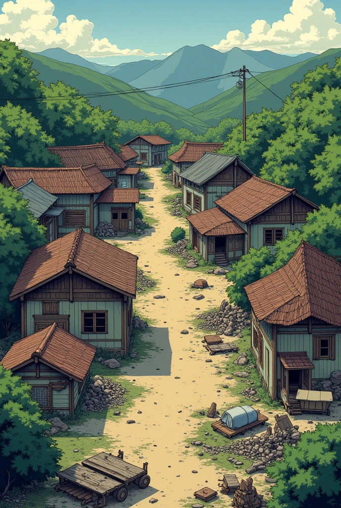 A small village destroyed, view more or less from above and from the side (2d/3d). Do it in manga style