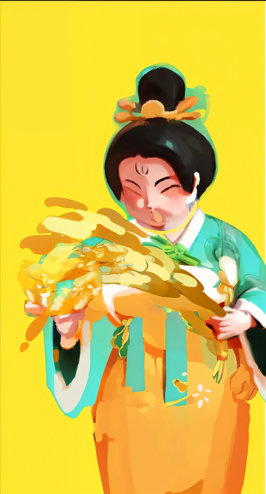 Packaging illustration,A Tang Dynasty figurine holding rice,Looking at the rice,advanced,National Trend