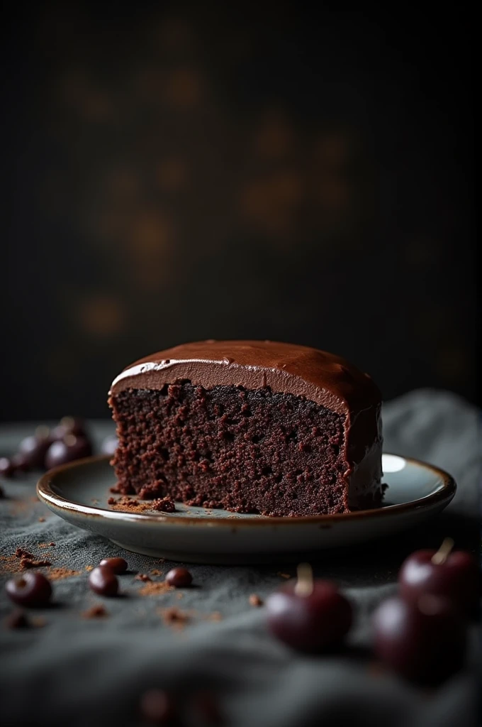 cinematic film still chocolate, chocolate cake, dark background, quality photo, moist texture, frosting, studio photo, slice . shallow depth of field, vignette, highly detailed, high budget, bokeh, cinemascope, moody, epic, gorgeous, film grain, grainy