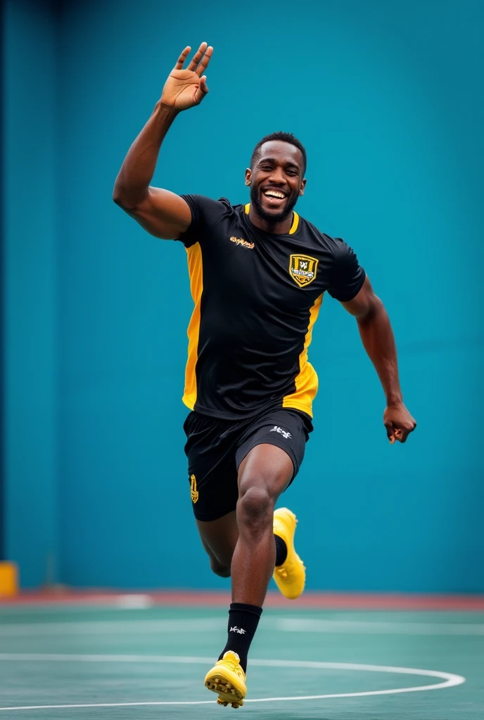 Photo only of a strong black man with a black and yellow shirt on a futsal court with a blue background, celebrating a goal by running and making the number 4 with your hand