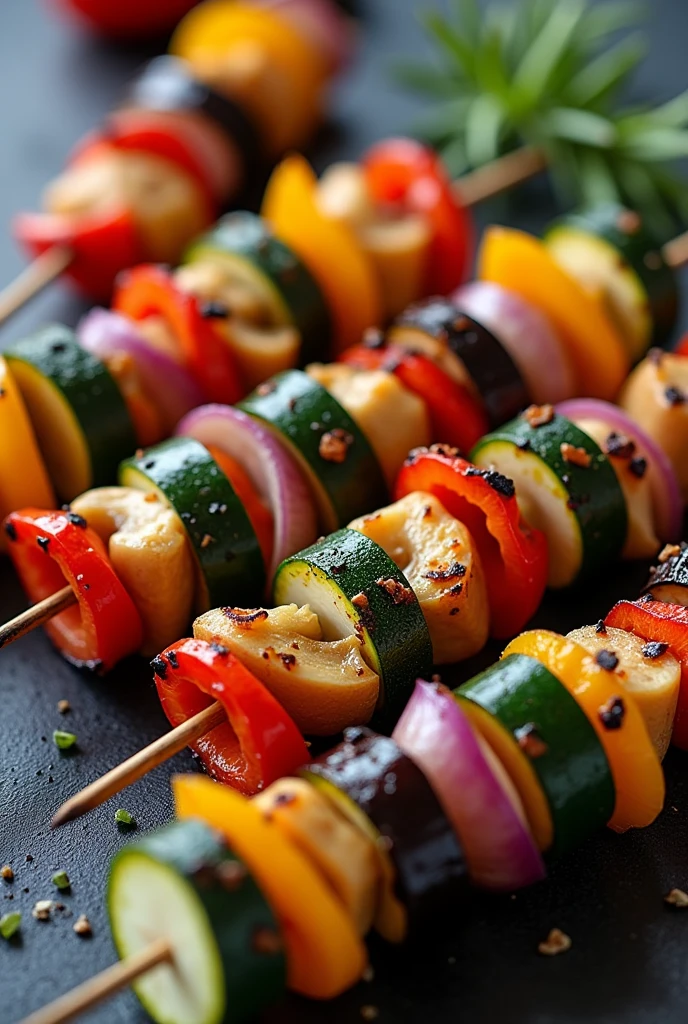 Create an image of this recipe: Grilled Vegetable Skewers Ingredients:

- Zucchini: 100 g - Red pepper: 100 g - Mushrooms: 100 g - Berenjena: 100 g - Red onion: 50 g - Olive oil: 15 ml
- Romero fresco: 10 g
- Sal: 5 g - Pepper: 2 g Preparation:

1. Wash and cut the zucchini, Pepper, Mushrooms, Eggplant and onion in uniform pieces.

2. Thread the vegetables onto skewers, alternating the different types.

3. In a bowl, Mix the olive oil with the chopped rosemary, salt and pepper.

4. Brush the skewers with the oil and spice mixture..

5. Grill the skewers or put them in the oven at 200°C for 15-20 minutes., turning them over halfway through cooking.

6. Serve the skewers hot as a main dish or side dish..
