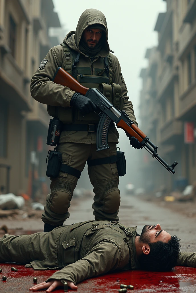 A Soldier Took His Revenge with a Kalashnikov in His Hand. The Man Dying on the Ground, Covered in Blood. The Soldier Doesn't Go Over Him
