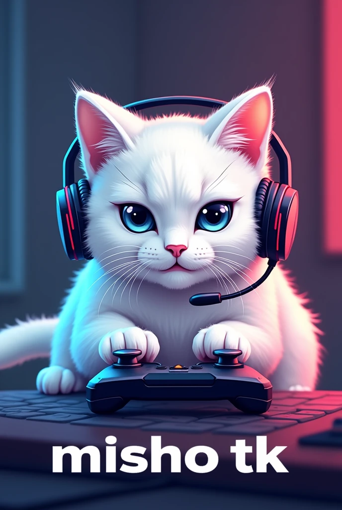 Can you create me a logo of a white GEIMER cat that has headphones AND IS PLAYING and below that has the words "MISHO TK"