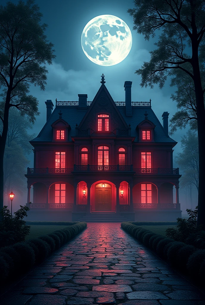 Red mansion at night