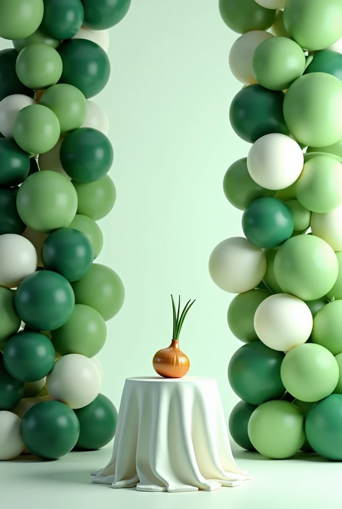 Create two columns of balloons with two types of green, one dark and one lighter, with white balloons also about 1 meter long but on the top I can put something allusive to onion with a table in the middle with a white tablecloth