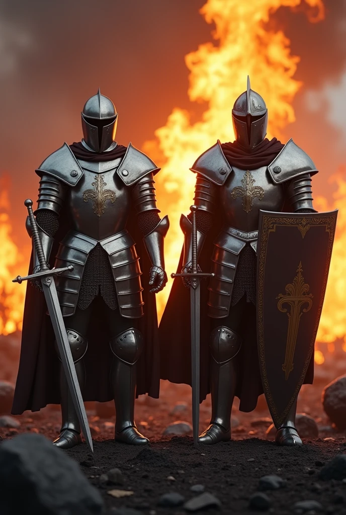 Two knights in armor standing in front of a fire looking towards the user with epic battle poses with scorched fields behind them