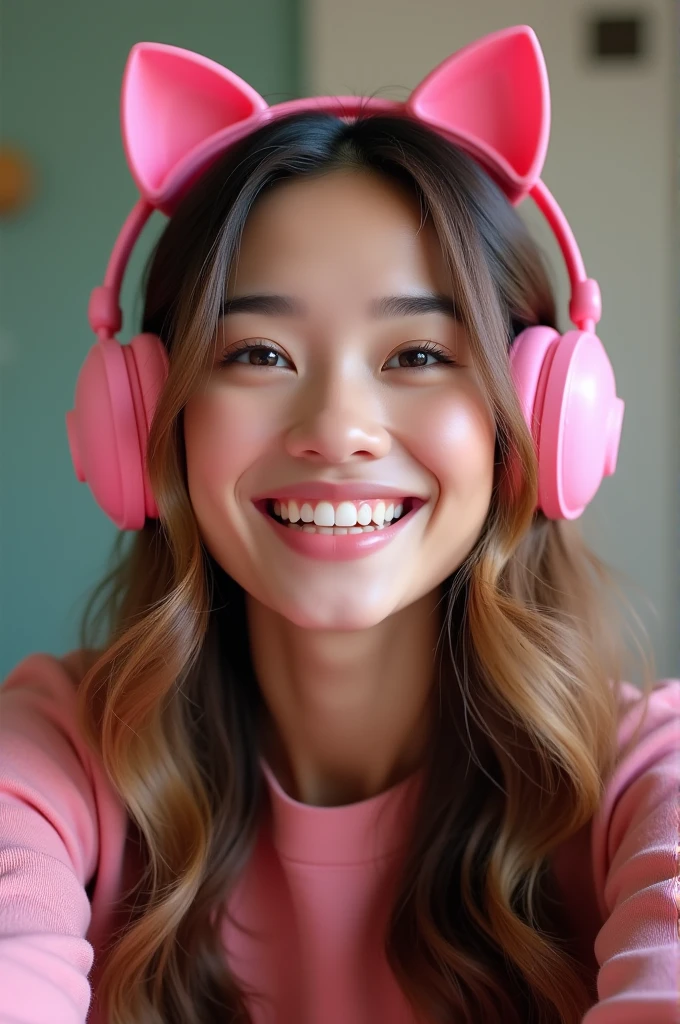 The image shows a young woman with long, brown hair, wearing a pink headset with cat ears, which are also pink. She is smiling and appears to be on a live stream or video. The