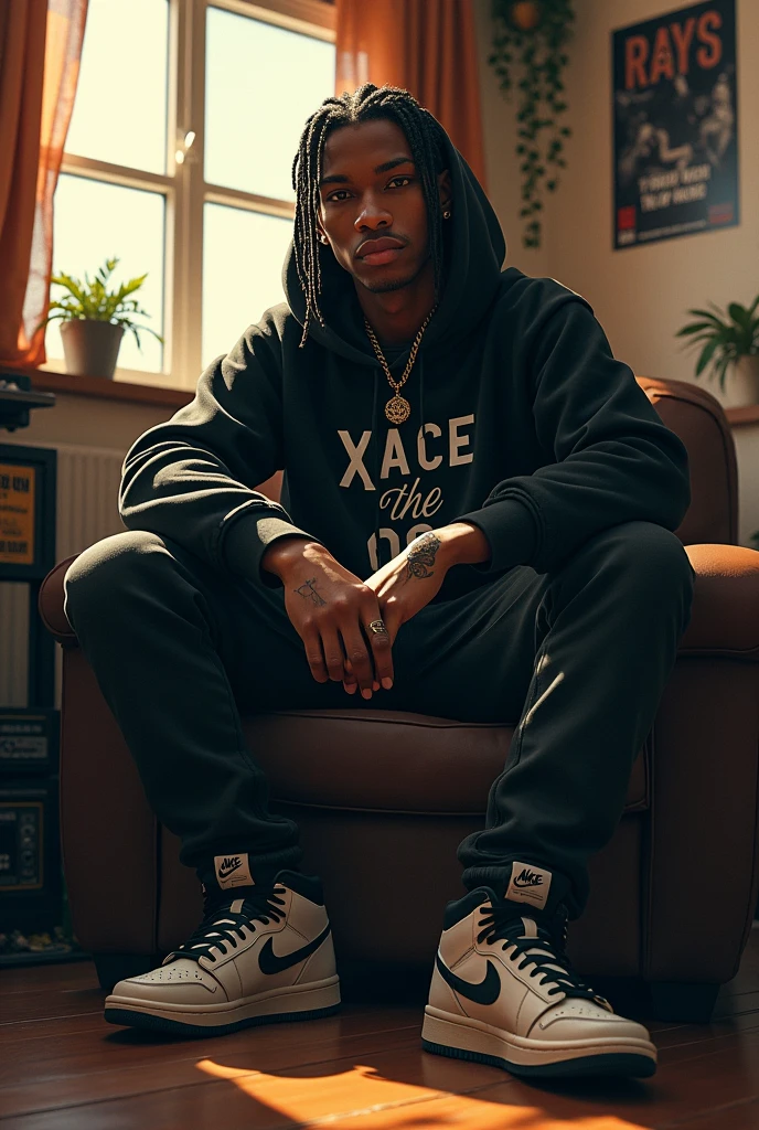 rapper boy, sitting on music studio, wearing black hoodie, hair braid , grunge pants, , indoors, soft lighting, Xace The Og written in hoodie, window with sunlight, cozy room, hiphop pose, realistic,hiphop posters on the wall, small tattoo on hand, wearing nike jordan,