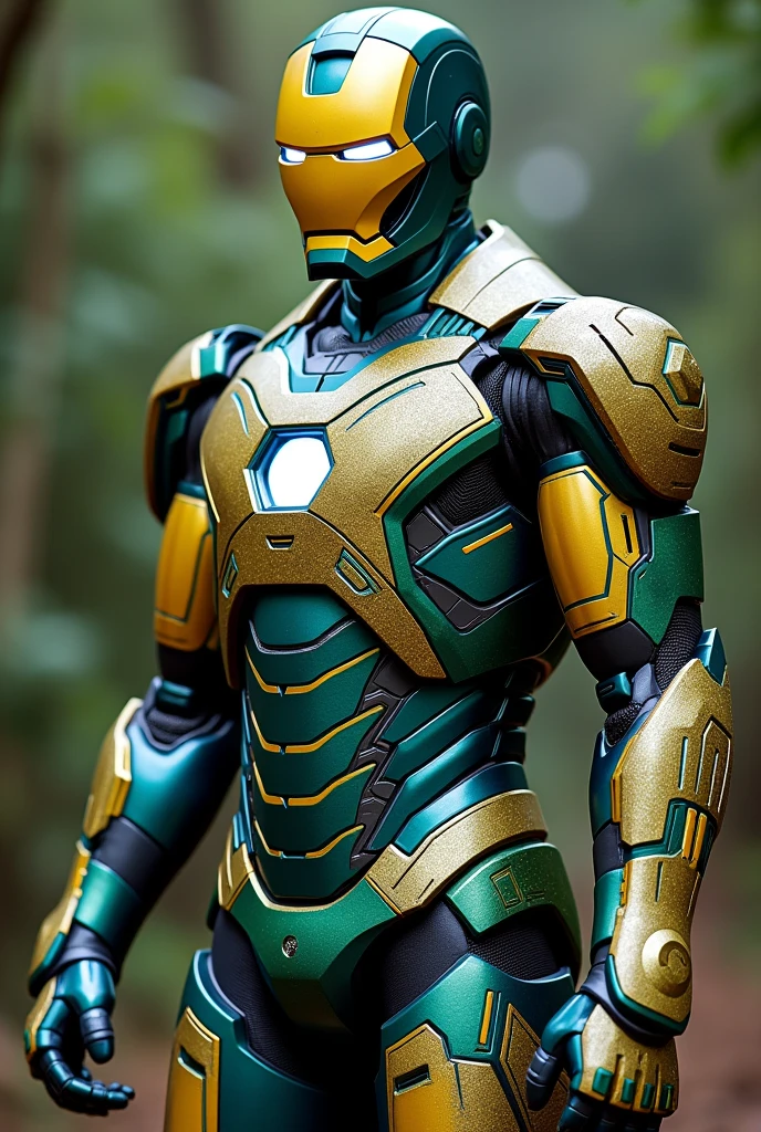 Chat create an Iron Man armor from the first movie with a paint job inspired by the colors of Brazil , Unripe, yellow , cerulean ...