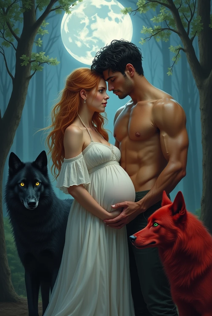A pregnant woman with long strawberry blonde hair and amber eyes, pretty in a white dress and next to her a tanned man with short wavy black hair, bright green eyes and a defined body, very handsome alpha male, protective of his mate in a forest at night with moonlight with black and red wolves around