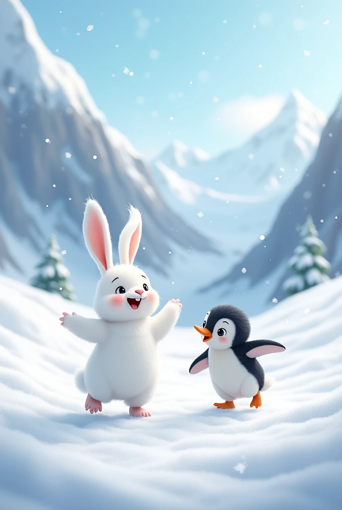 the white rabbit and small penguin is very happy and playing in the snow ai image