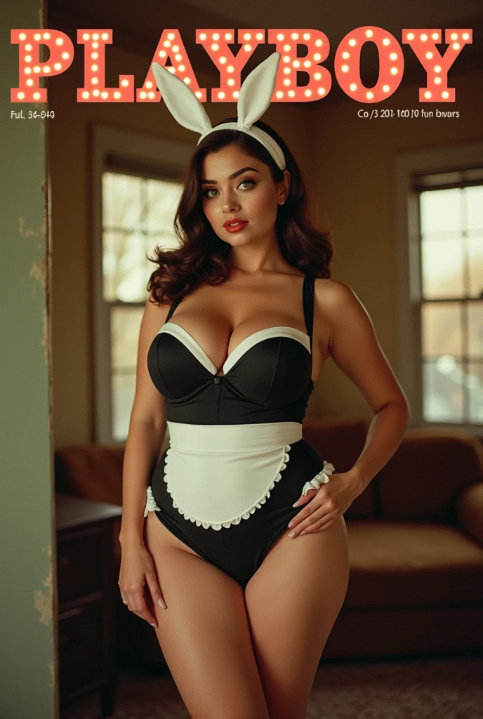 A vintage analog image of a woman on a Playboy Magazine cover, (robust body, with a little weight: 1.9), large naked breasts, (wide and fat waist: 1.9), (Super long and plump legs: 1.9) , 60s style brown hair, ((60s image)), ((60s magazine)), 60s aesthetic, ((high quality)), sun kissed skin, seductive look,( bunny ears on head),((60s Tight French Maid Outfit)), ((Sexy Tight Bodycon French Maid Outfit)), (((Black and White French Maid Costume))) , (posing inside), (cute sexy face), (bright green eyes), (Long eyelashes), ((Playboy cover)), ((60s magazine cover)), beautiful cinematic light, Evening light through the windows it shines beautifully, Playboy Magazine, head, texture, naked