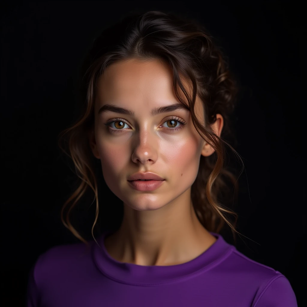 close-up of a woman, European appearance,curly hair pulled back on top, portrait shot, studio lighting, studio shooting of an advertising plan, девушка looks straight на зрителя, She is wearing a purple shirt, Black background, the backlighting background reflects the girl away from the background, realistic skin texture, looks straight