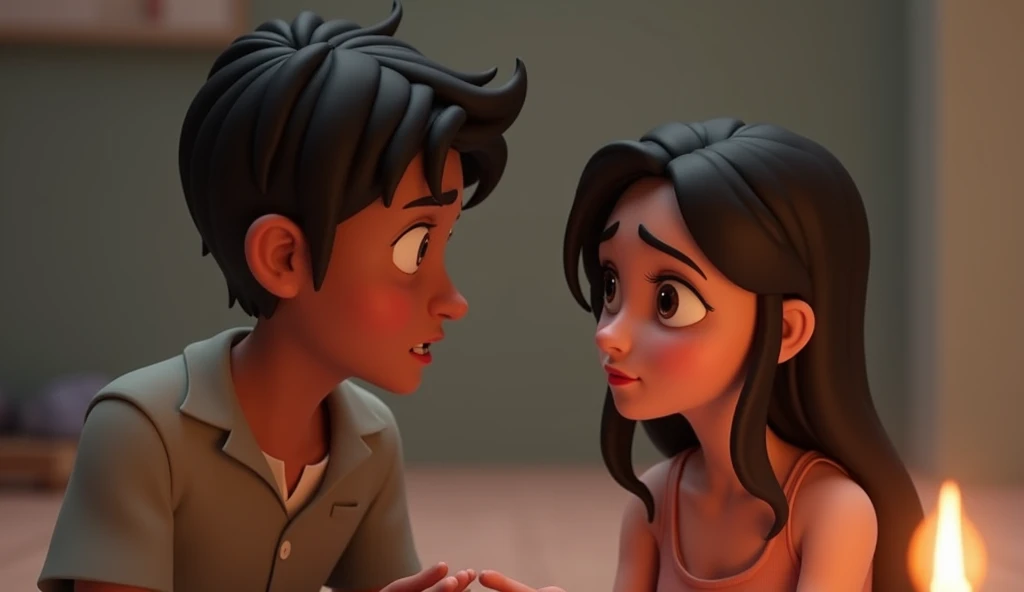 In 3D animation style:Arjun speaking with Sia, looking apologetic and earnest, while Sia listens with a sad but understanding expression.