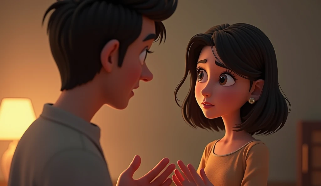 In 3D animation style:Arjun speaking with Sia, looking apologetic and earnest, while Sia listens with a sad but understanding expression.