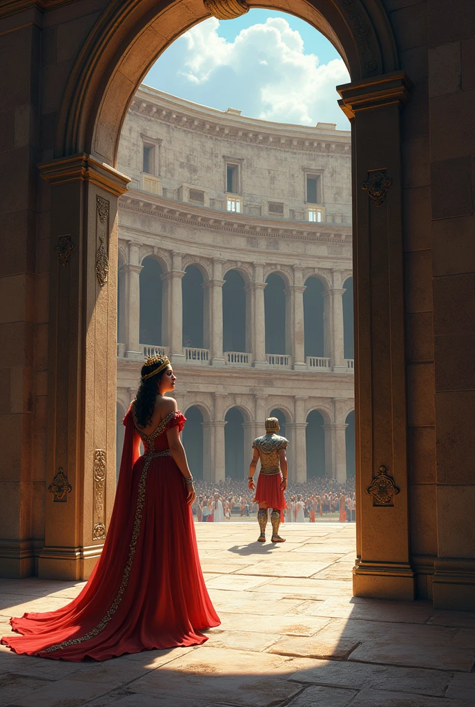An illustration where a princess appears choosing from a distance between two doors in a coliseum, roman style, a gladiator waiting for the surprise of which door he chose, put the 2 doors
