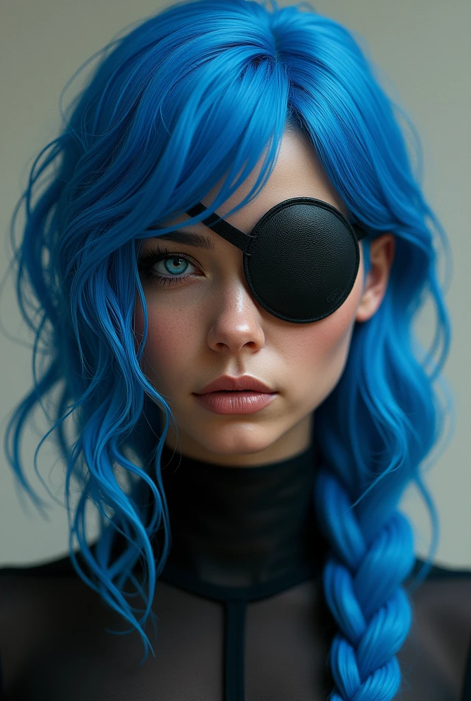 woman with blue hair with waves, an eye patch, the other with white iris and cinnamon-colored brown skin