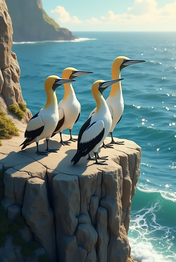 4 Gannets standing on a cliff near the sea in the daytime