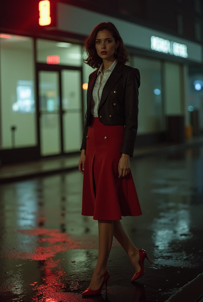 Portrait of a professional woman in the 1970s, Rainy Night，New York Office Building，full-body shot，High heel，Street light，Extremely detailed face, Low light, Perfect lighting, Nostalgia, ISO100, cinestill 800T, polarizing filter, Bright and bold colors, High-quality photos, Still frame from a movie