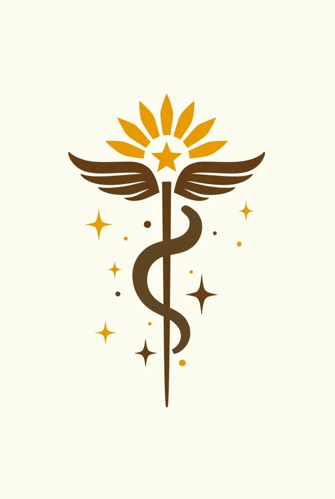 A logo for a medical clinic, mixing the symbol of Hermes&#39; caduceus with sunflower, and the stars along the caduceus in the vertical of the southern cross constellation. vector style, simple shapes, simple strokes, solid colors. The logo must be in 4X4 format.