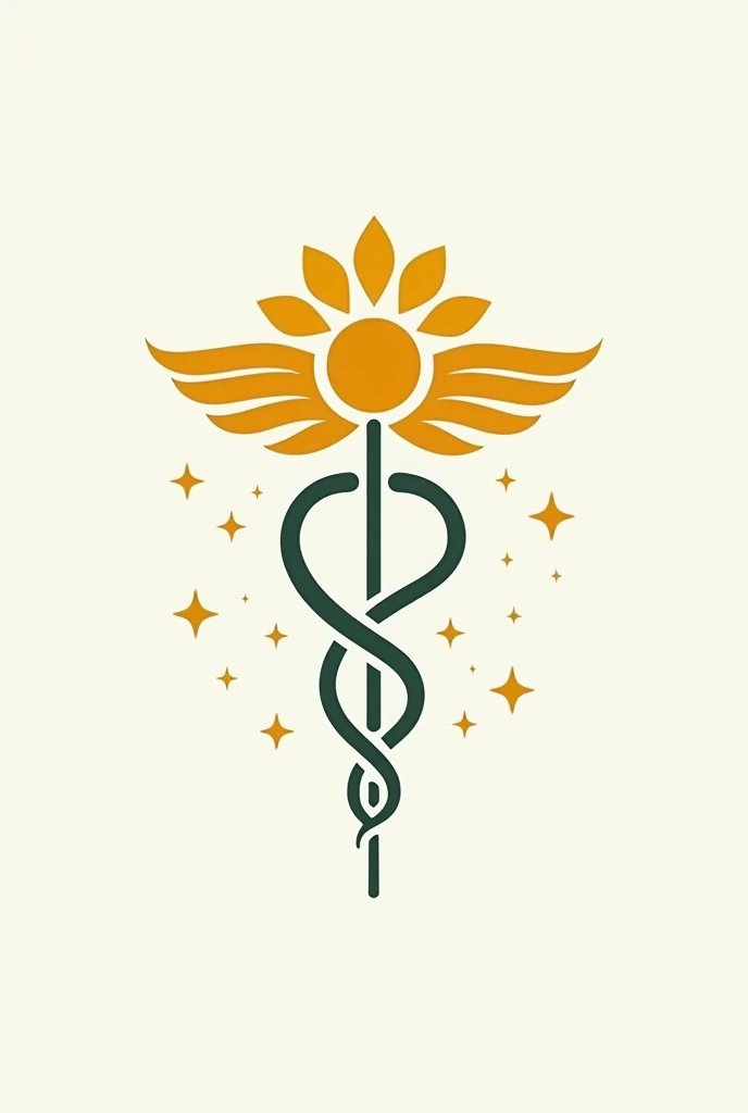 A logo for a medical clinic, mixing the symbol of Hermes' caduceus with sunflower, and the stars along the caduceus in the vertical of the southern cross constellation. vector style, simple shapes, simple strokes, solid colors. The logo must be in 4X4 format.