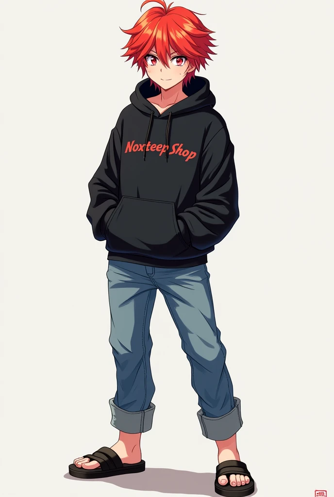 There is a red-haired anime guy. The frame size is 500 x 500 px. He is wearing a black hoodie, jeans, and sandals. The word NOXTEEP SHOP is printed on the shirt.