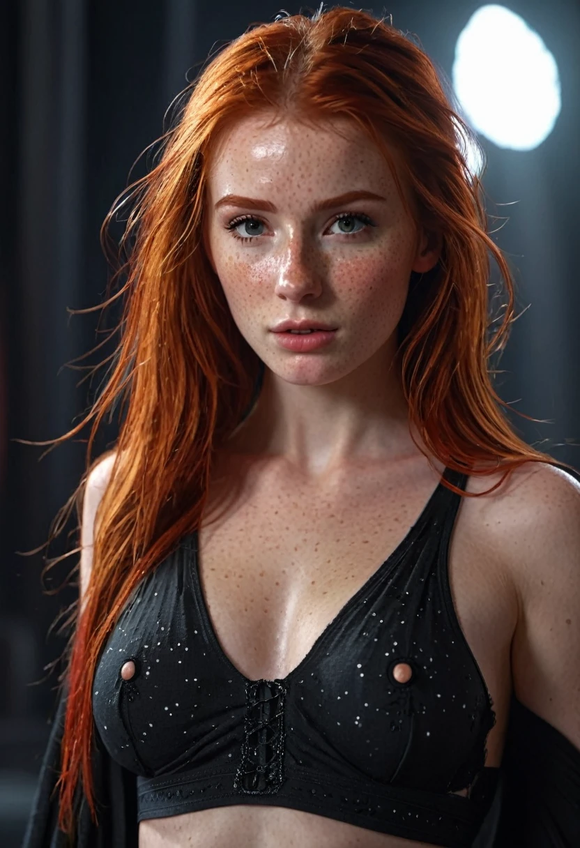 a beautiful redhead girl, long straight messy hair, detailed cute freckles, medium firm breasts, slim waist, firm erect nipples pking through, detailed facial features, looking leeringly and seductively, photorealistic, masterpiece, 8K, hyper detailed, realistic, cinematic lighting, dark sith colors