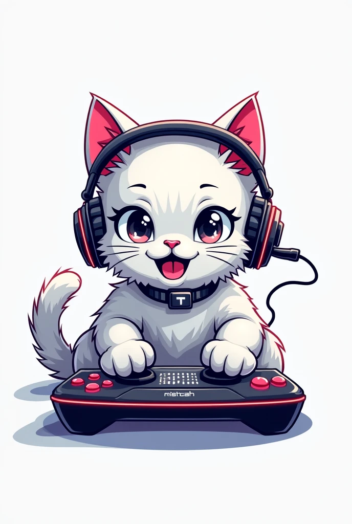 Can you create me a logo of a white GEIMER cat that has headphones AND IS PLAYING and below that has the words "MISHO TK"
