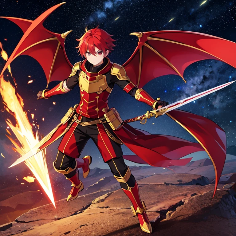 Red hair, red and gold eyes, cool, male, space warrior, dragon wings, holding a cool sword, full body shot,