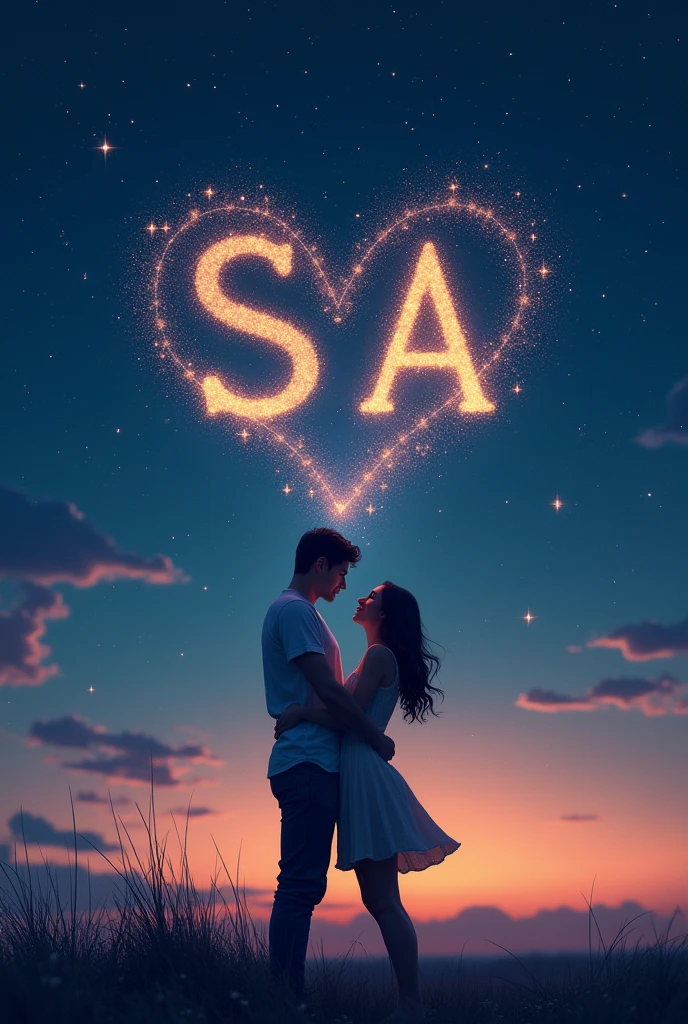 Man and woman loving each other look at the initials S and A in a heart in the stars
