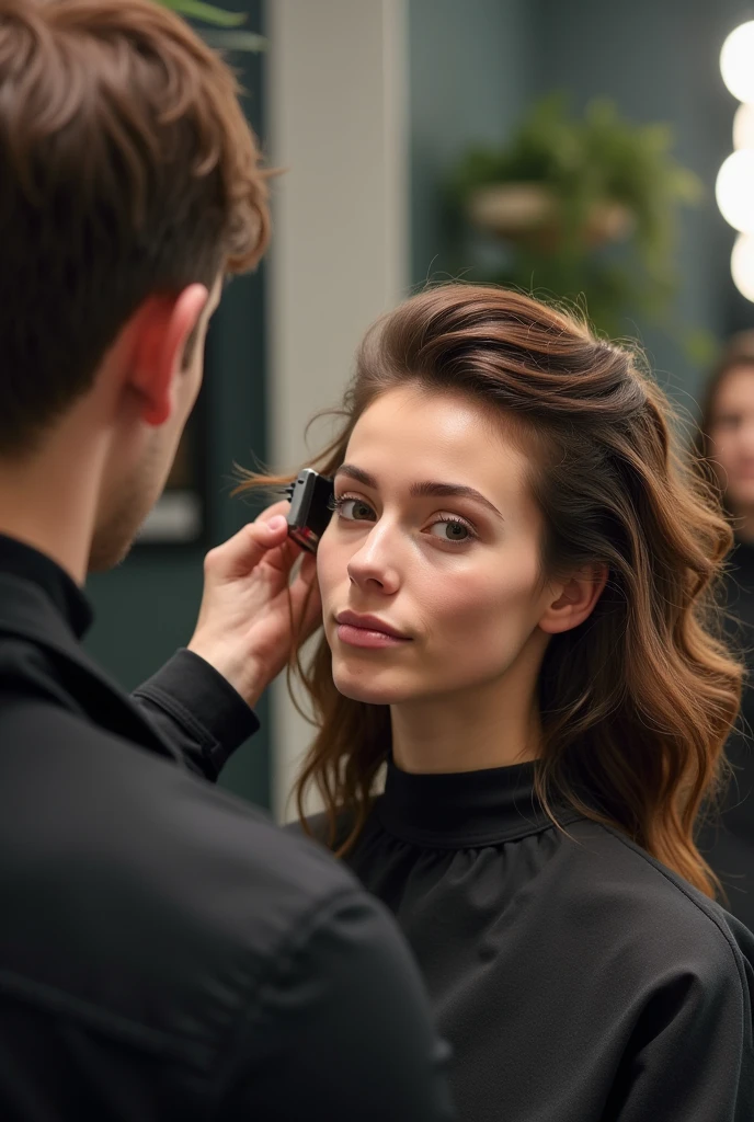 Make a picture of a salon girl where a man dyes her hair. Age 28 years. perfect, photo