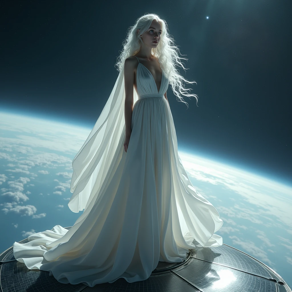 A woman with long white wavy hair,she will be standing on top of a satellite and wearing a very long white dress,I want the image to show from far away and it will be in space