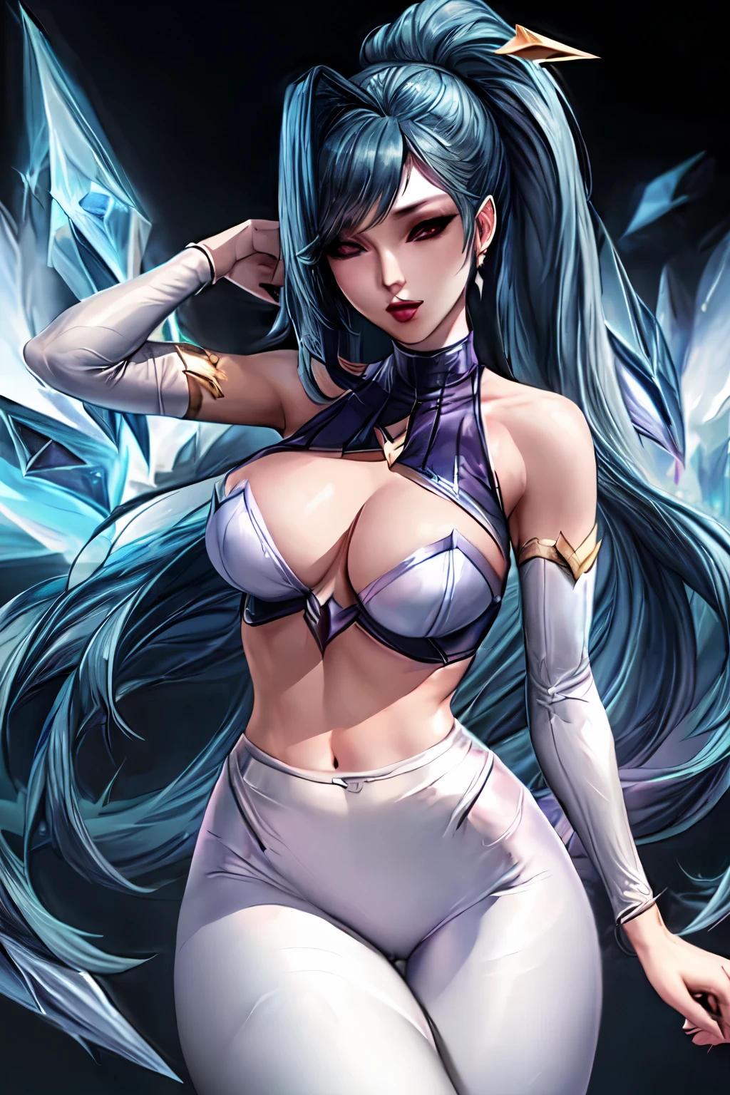 (K/GIVES all out Kai'sa), League of Legends, K/GIVES \(League of Legends\), ((white leggings)), defined body, seducing gaze, posse sexy