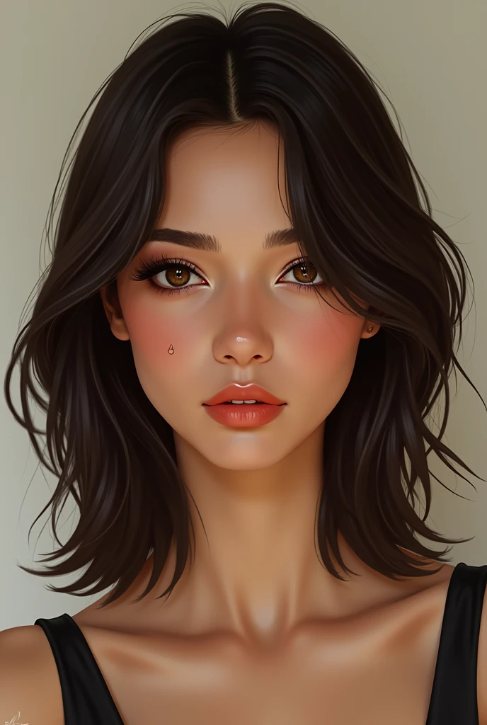 Woman, realisitic, 2. Dark brown hair with shoulder length layers, Francis on the test. Almond shaped and low set eyes, fine nose, slightly arched eyebrows, heart shaped face, full mouth, high cheeks. slightly tanned skin, eyes browns. mole on cheek.