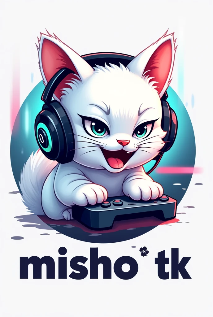 Can you create me a logo of a white GEIMER cat that has headphones AND IS PLAYING and below that has the words "MISHO TK"