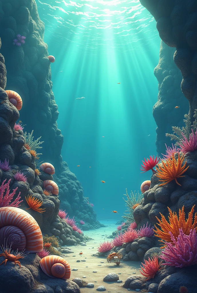 Draw the base of a reef with algae, snails and crabs