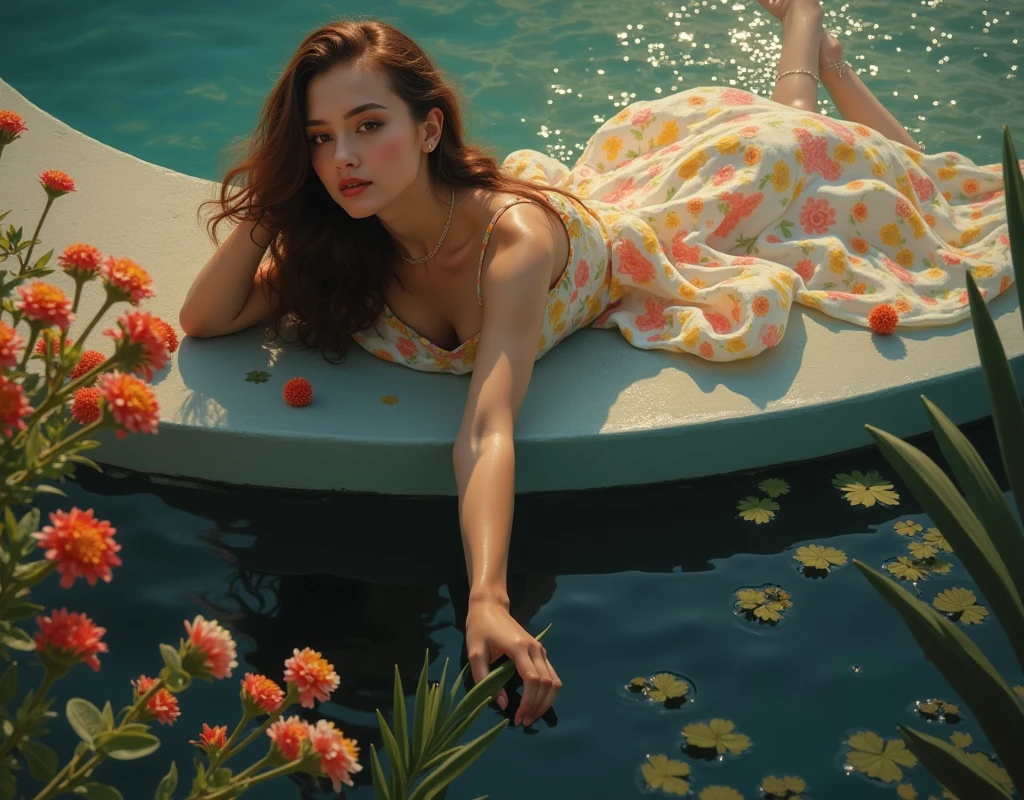 woman by pool, impressionist oil painting, woman relaxing by pool, beautiful woman in garden, detailed portrait of woman, detailed facial features, delicate skin, flowing hair, colorful floral dress, sunlit pool, lush greenery, soft lighting, warm color palette, painterly brushstrokes, vibrant colors, photorealistic, 8k, best quality, masterpiece