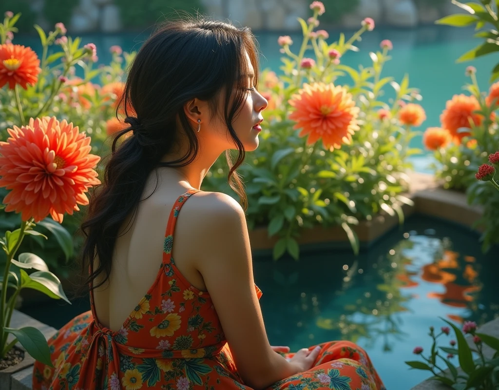 woman by pool, impressionist oil painting, woman relaxing by pool, beautiful woman in garden, detailed portrait of woman, detailed facial features, delicate skin, flowing hair, colorful floral dress, sunlit pool, lush greenery, soft lighting, warm color palette, painterly brushstrokes, vibrant colors, photorealistic, 8k, best quality, masterpiece