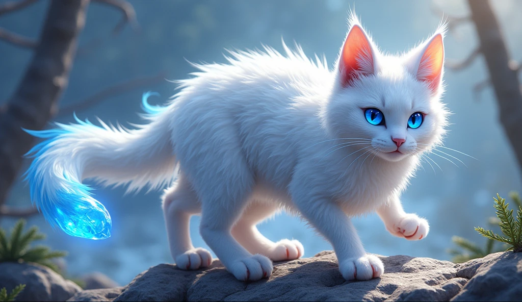 name: milanese
feature: (loimu,firey:1.5)
dynamic view、
Dracosis、It is a medium-sized, blue-eyed cat that lives in forests and mountainous areas.。
(bright white fur covers the entire body; when exposed to sunlight, colorful patterns shine)
(long tail、Has the tip of the tail elated,Used to freeze prey when eaten:1.5)、
4 sturdy legs, can climb rocks and trees well. Pure, has sharp claws. It can be moved even on vertical walls.
Although the food is mainly small mammals and birds,、time々the ice on the tail is used for freezing when catching prey。