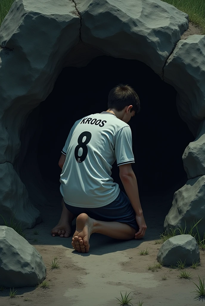 A teenager with his back turned a little dark with short brown hair, with a kroos 8 madrid shirt. desperately searching under a rock