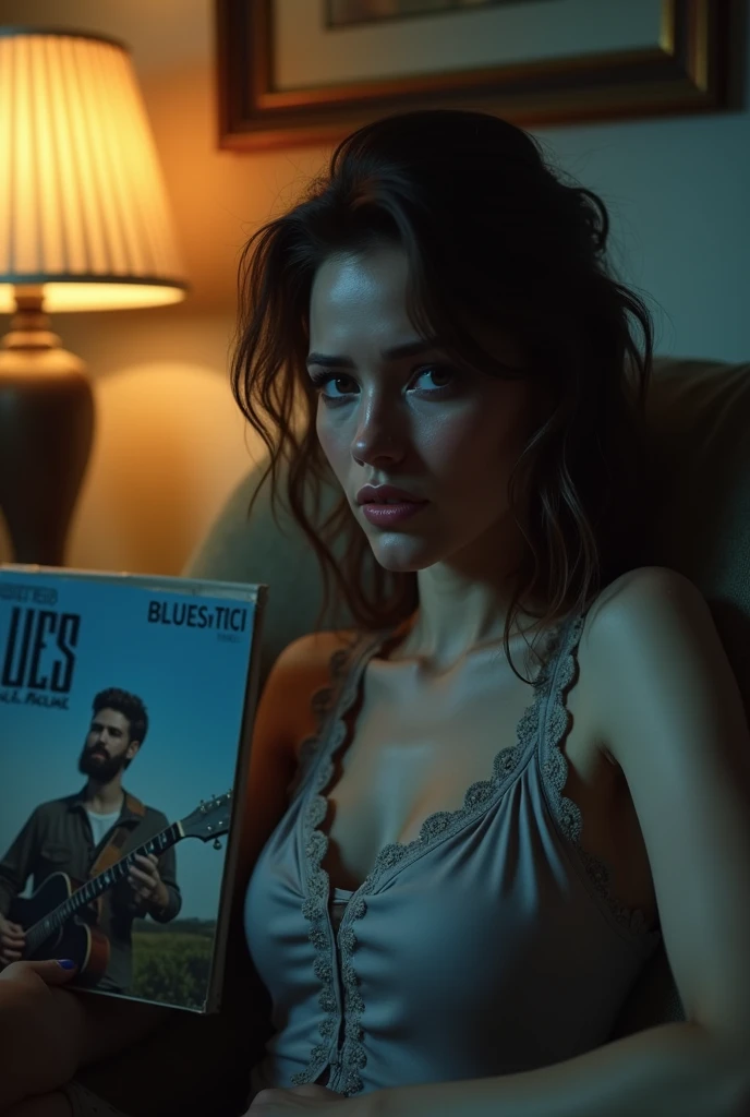 I want a beautiful woman sitting on the couch, She is sad next to the lamp crying and next to her there is a vinyl record with the cover saying Blues Tici, I want Blues Tici to be very visible, on the album cover a bearded guy with his Gibson Les Paul electric guitar.